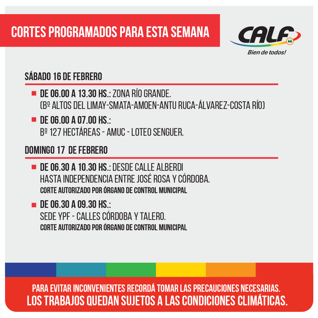 Lee más sobre el artículo OBRAS PROGRAMADAS PARA EL SÁBADO 16 Y DOMINGO 17/2/2019