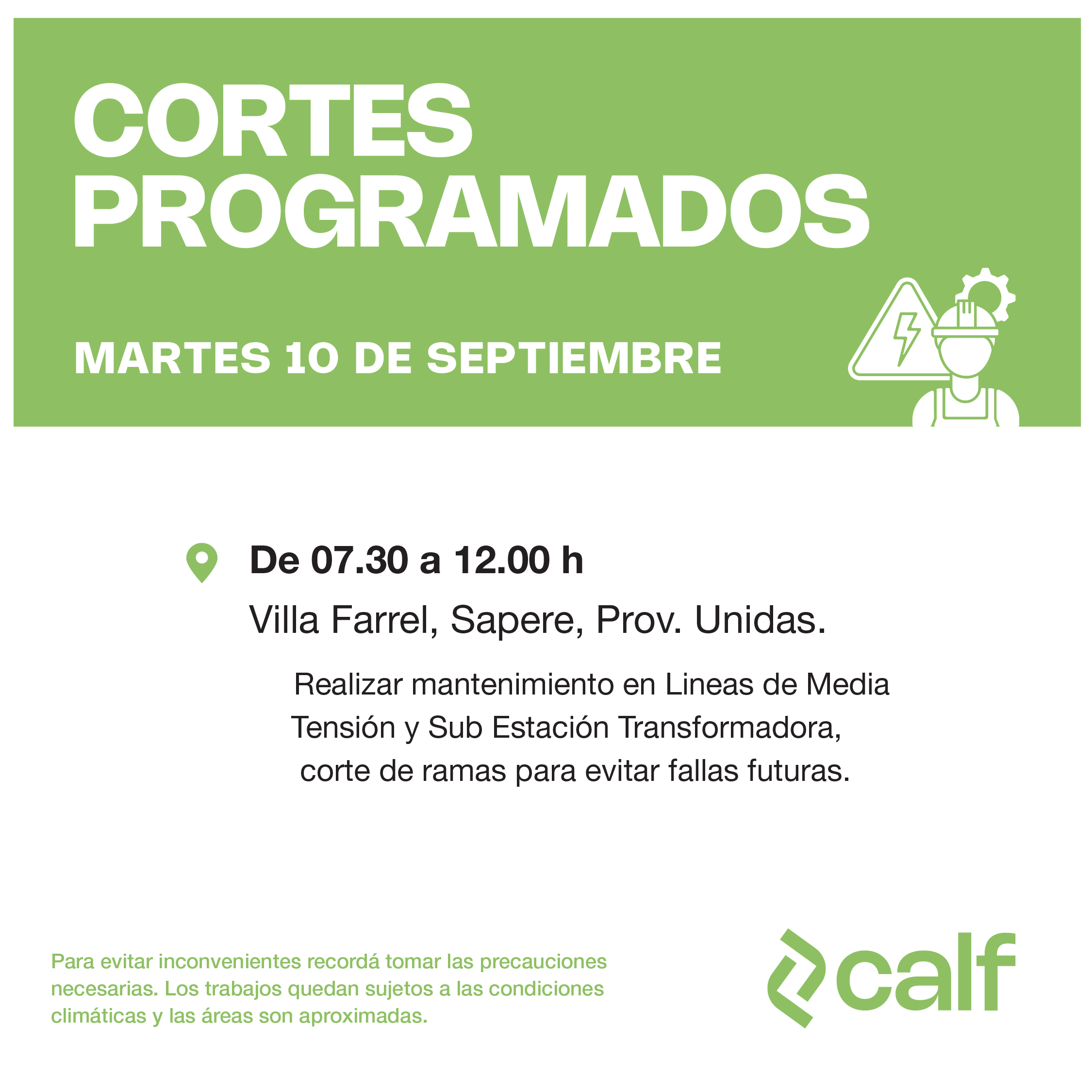 Lee más sobre el artículo Trabajos programados para este martes 10-9