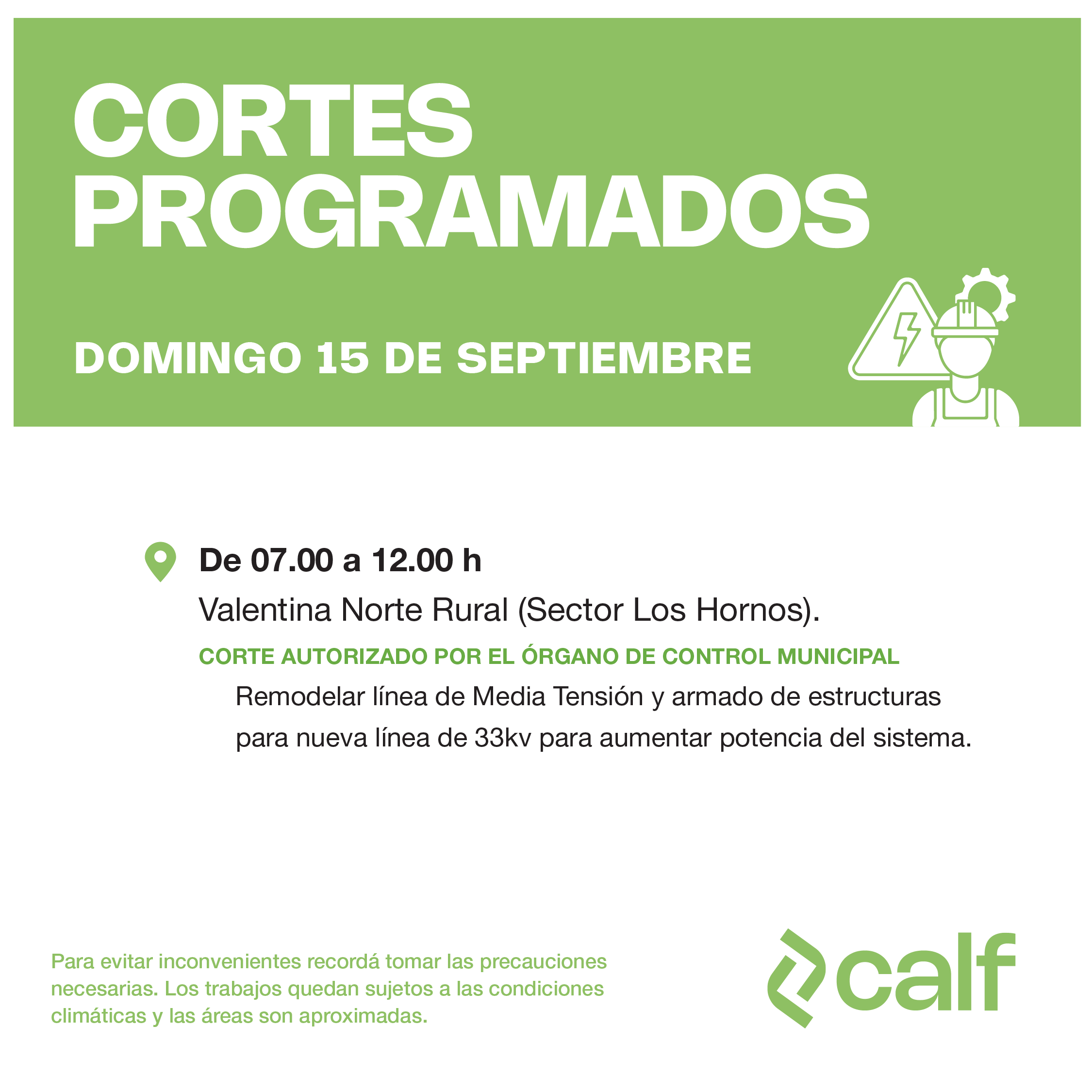 Lee más sobre el artículo Obras programadas para este domingo 15/9