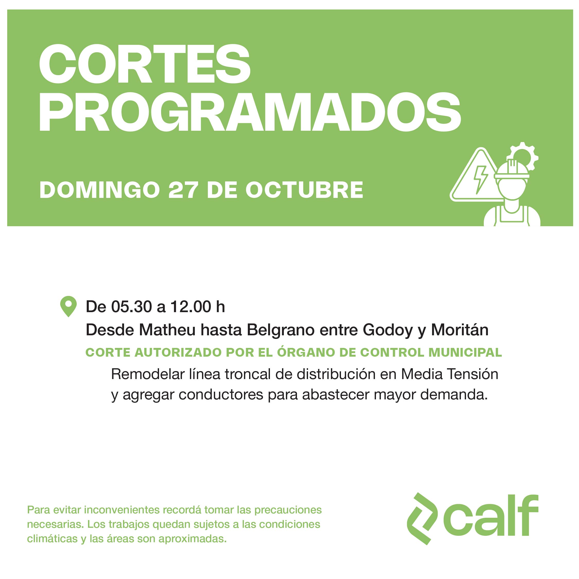 Lee más sobre el artículo Trabajos programados para el domingo 27-10