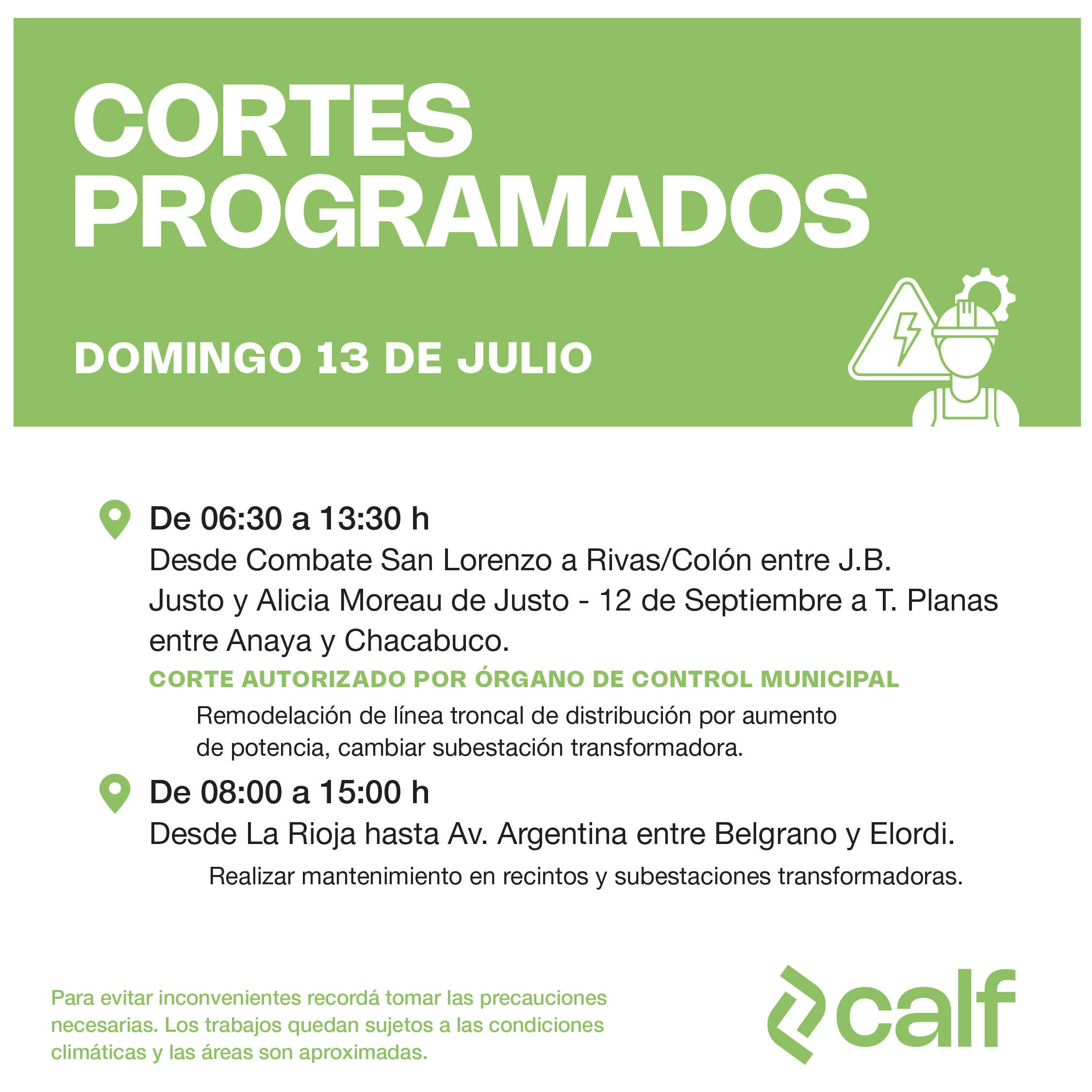 Lee más sobre el artículo Trabajos programados para el domingo 13-7