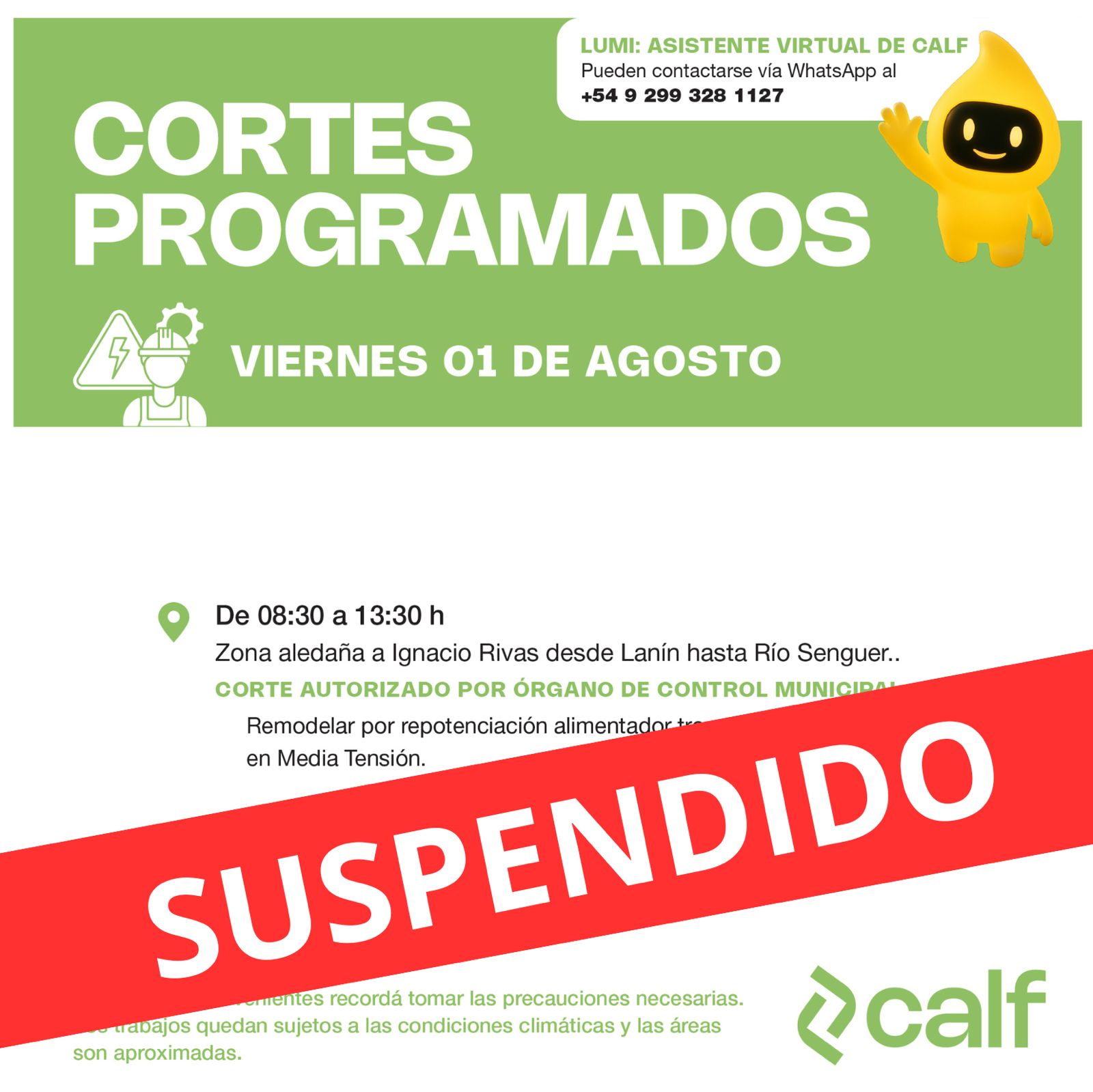 Lee más sobre el artículo Suspendido corte de este viernes