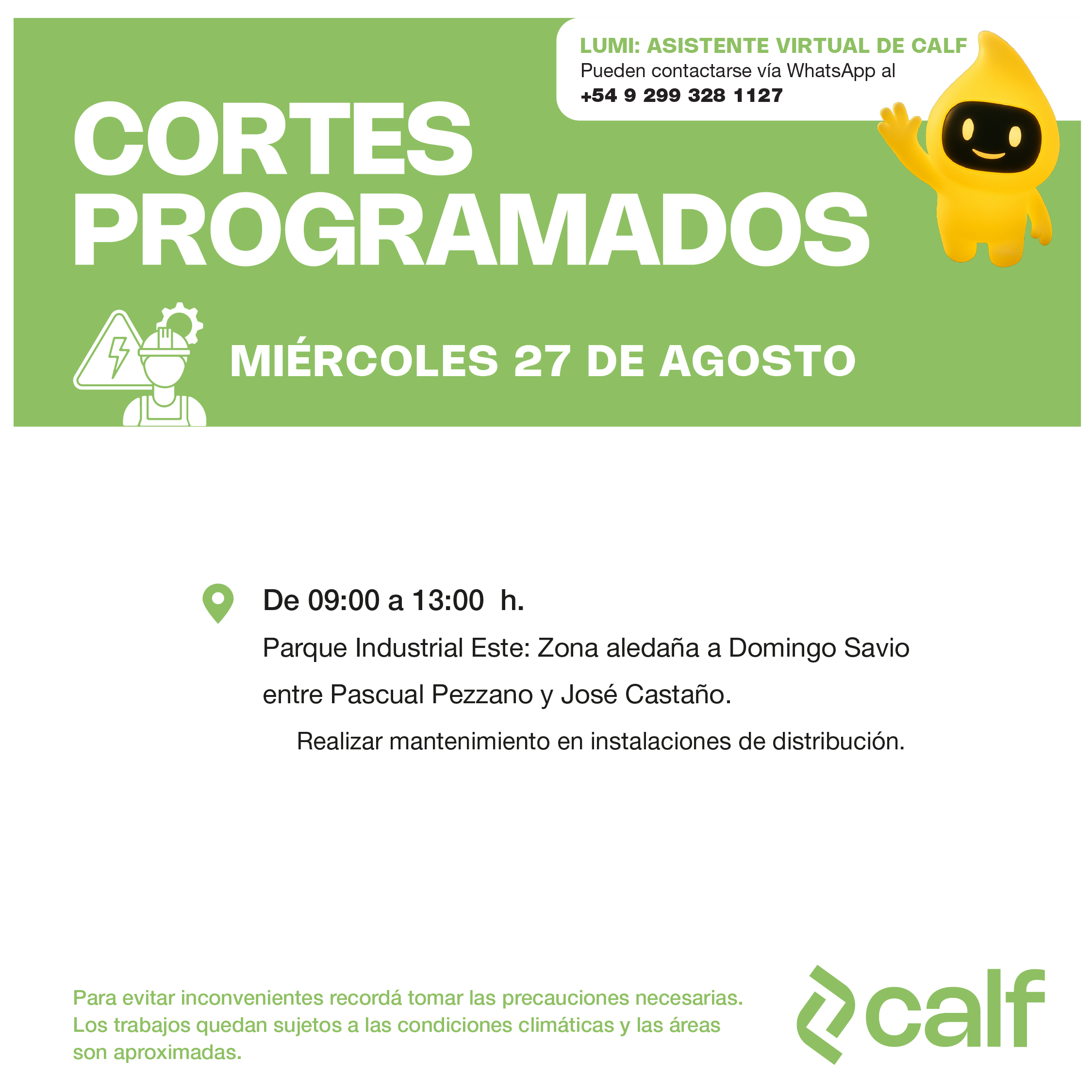 Lee más sobre el artículo Obras e inversiones para el Miércoles 27-8