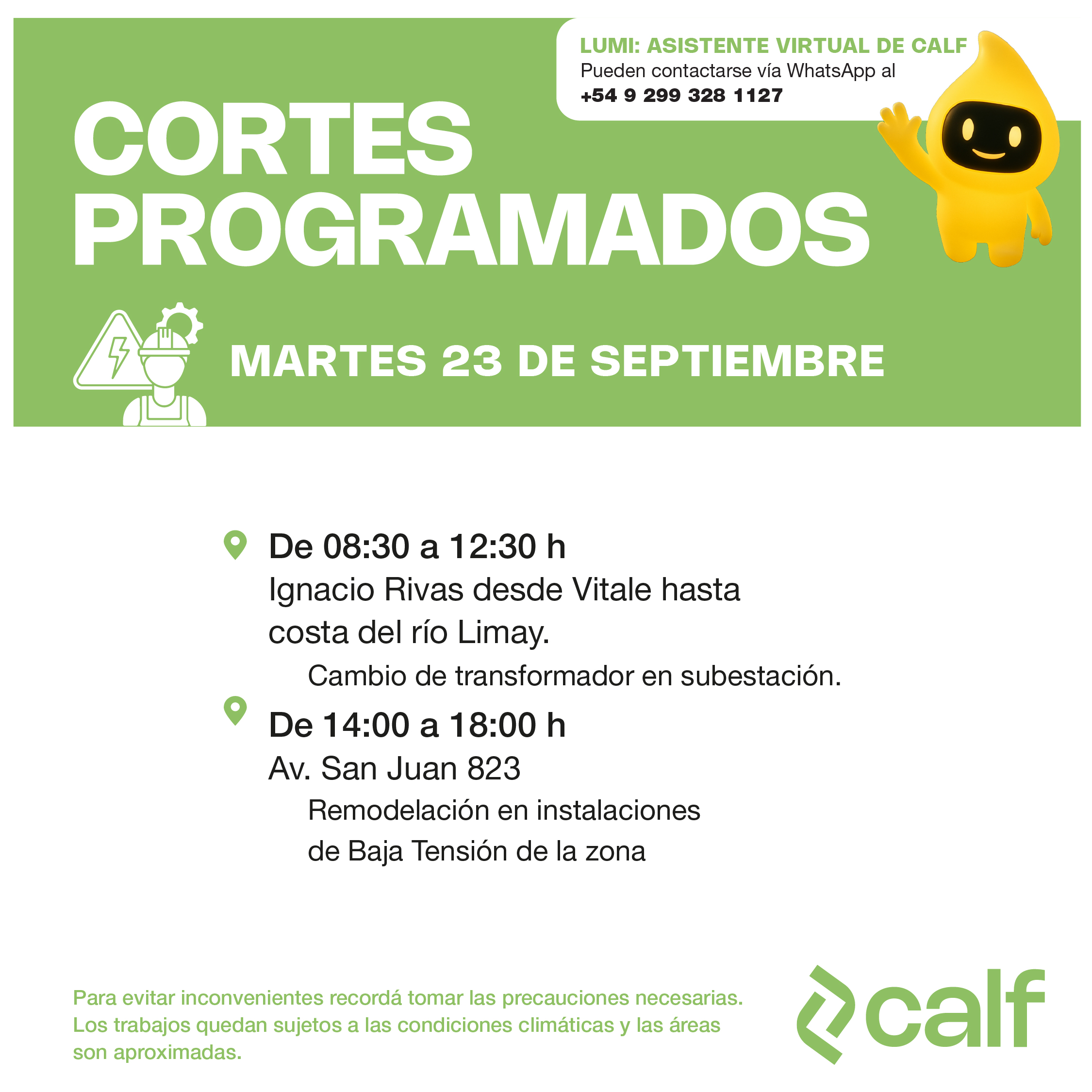 Lee más sobre el artículo Obras para este martes