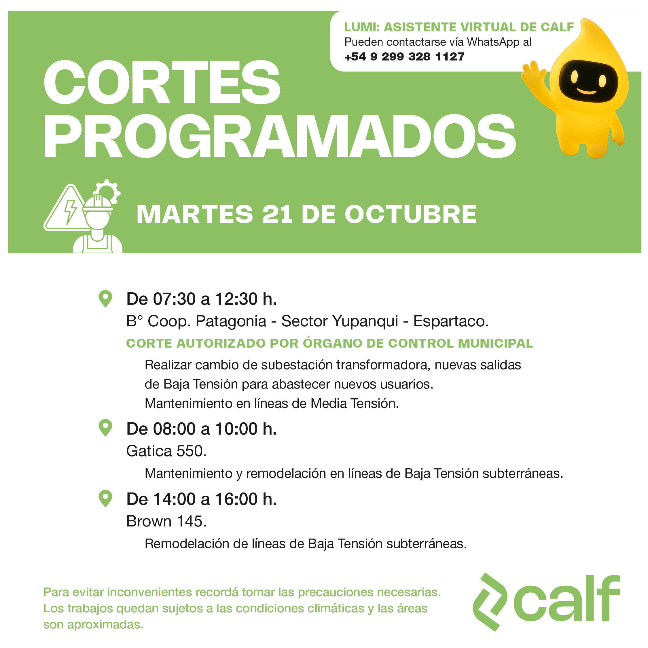 Lee más sobre el artículo Obras programadas para este martes 21-10