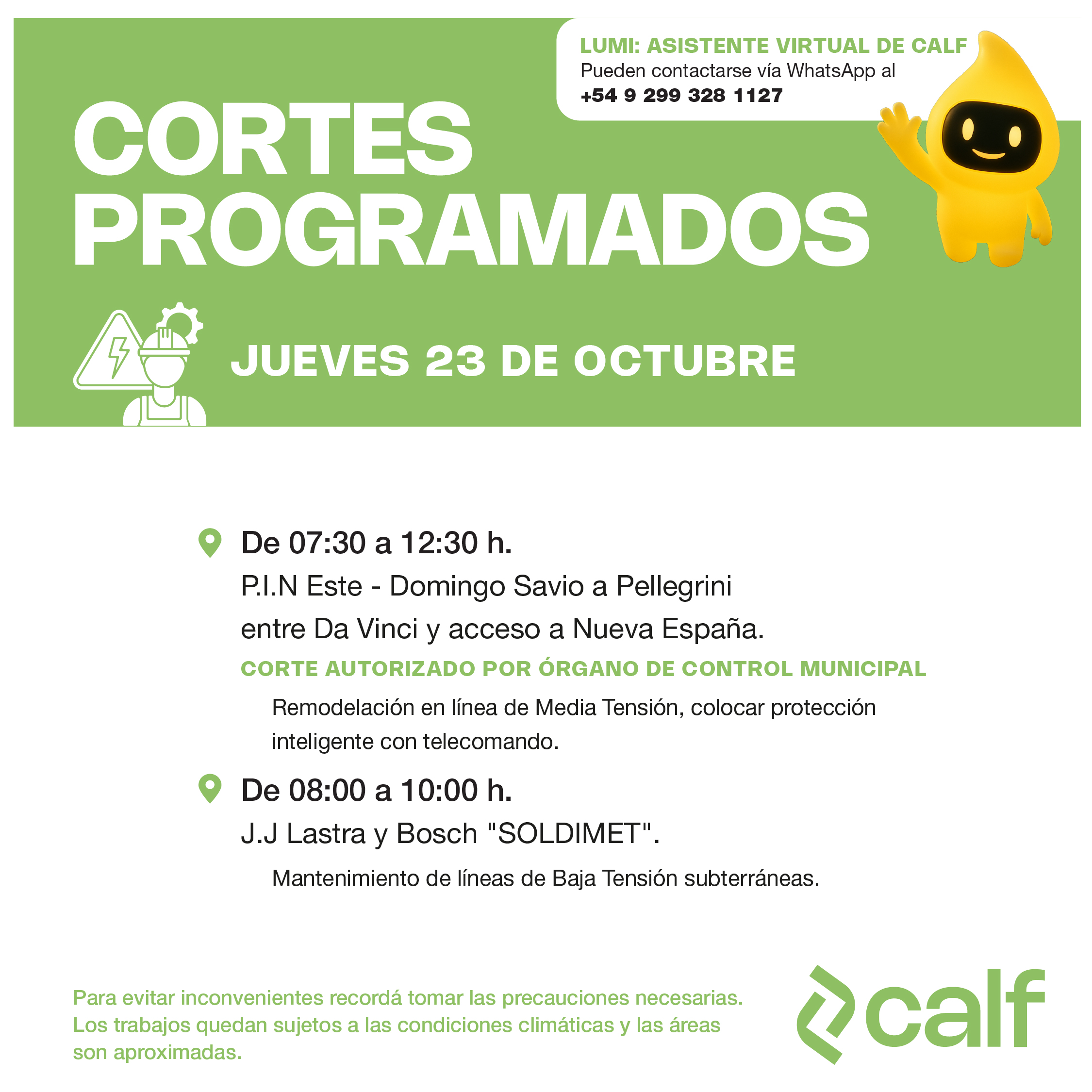 Lee más sobre el artículo Obras programadas para el jueves 23-10