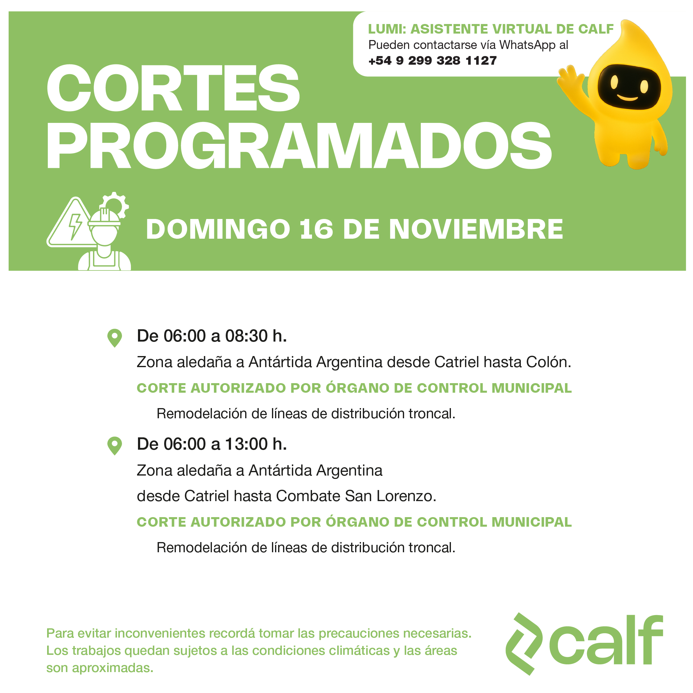 Lee más sobre el artículo Obras para este domingo