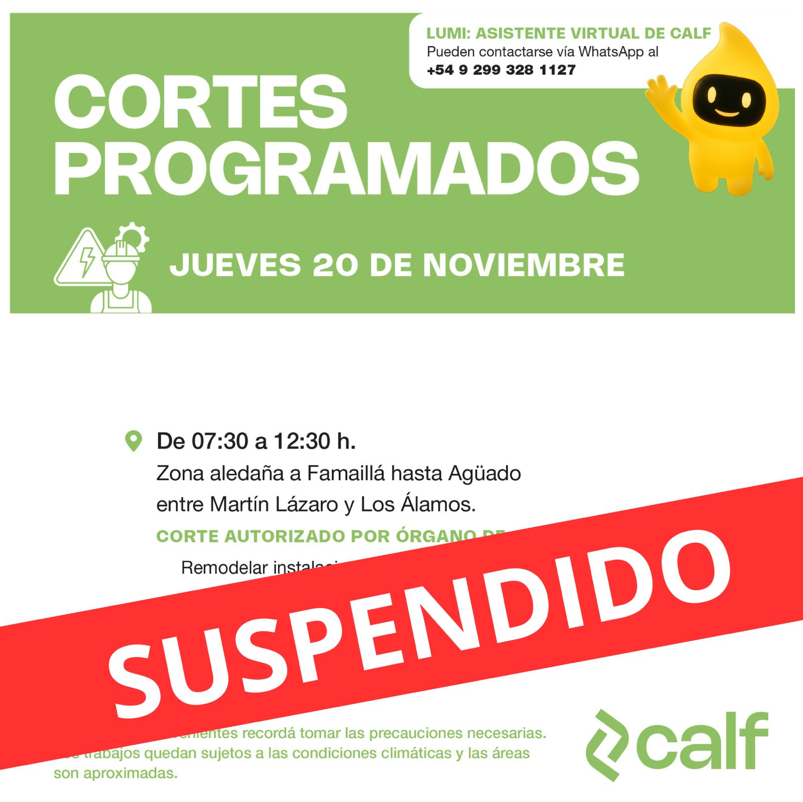 Lee más sobre el artículo Suspendido el corte de este jueves