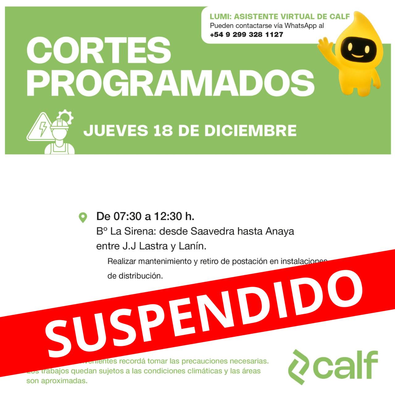Lee más sobre el artículo Suspendido el corte de este jueves