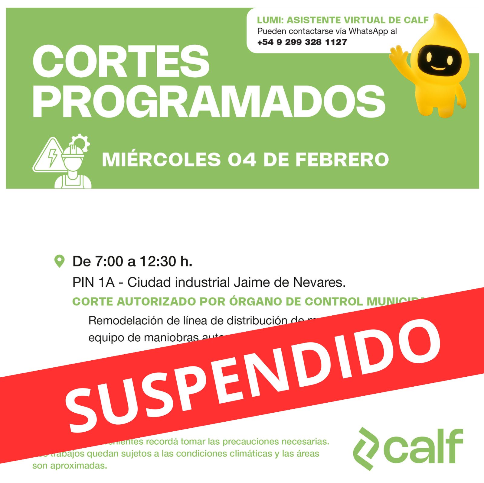 Lee más sobre el artículo Suspendido corte programado de este miércoles 4-2