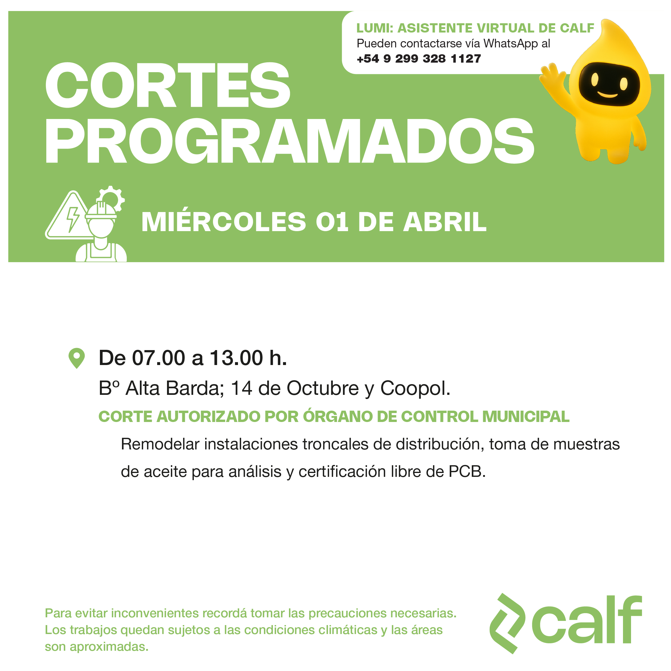 Lee más sobre el artículo Obras proyectadas para el miércoles 01-04