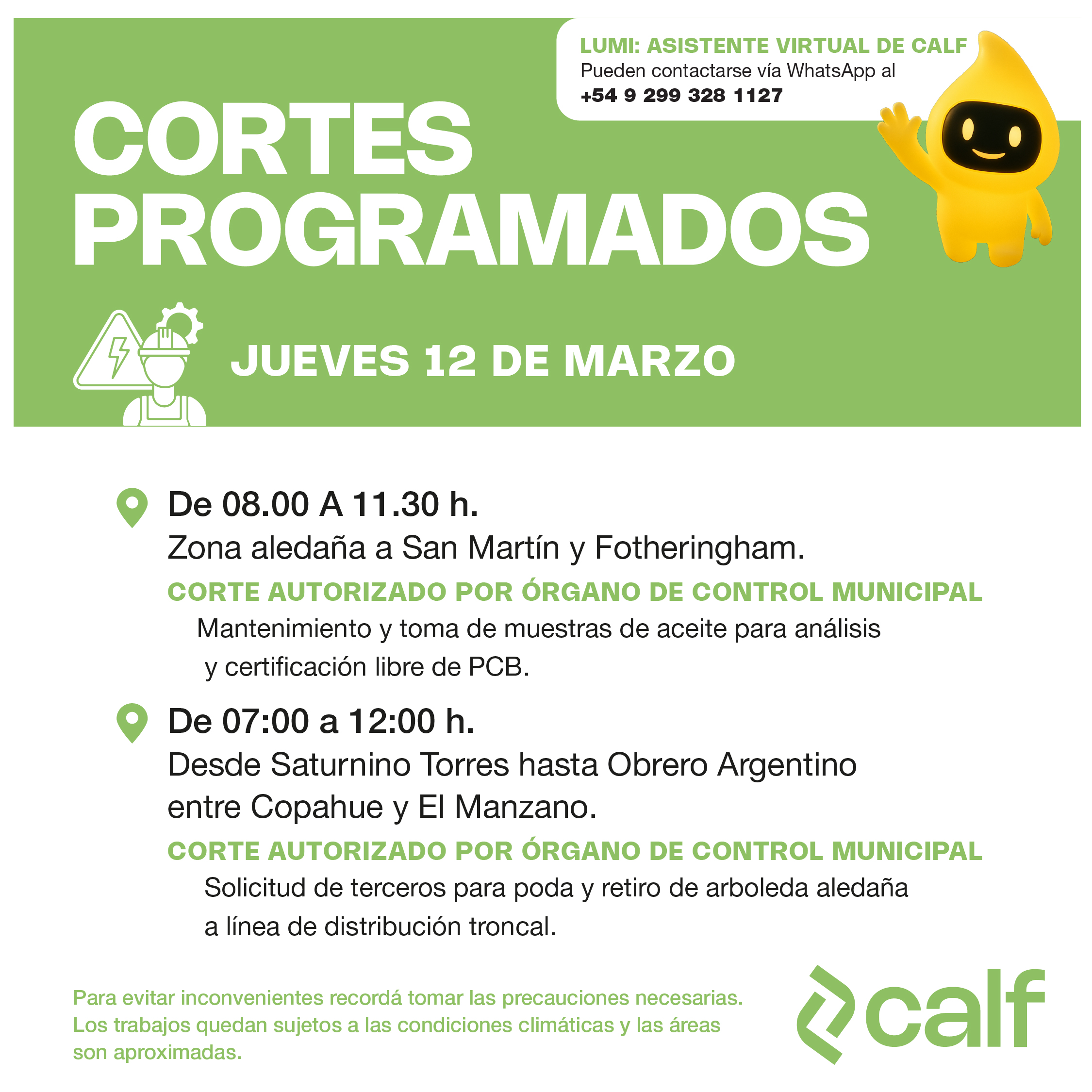 Lee más sobre el artículo Trabajos programados para el jueves 12-3