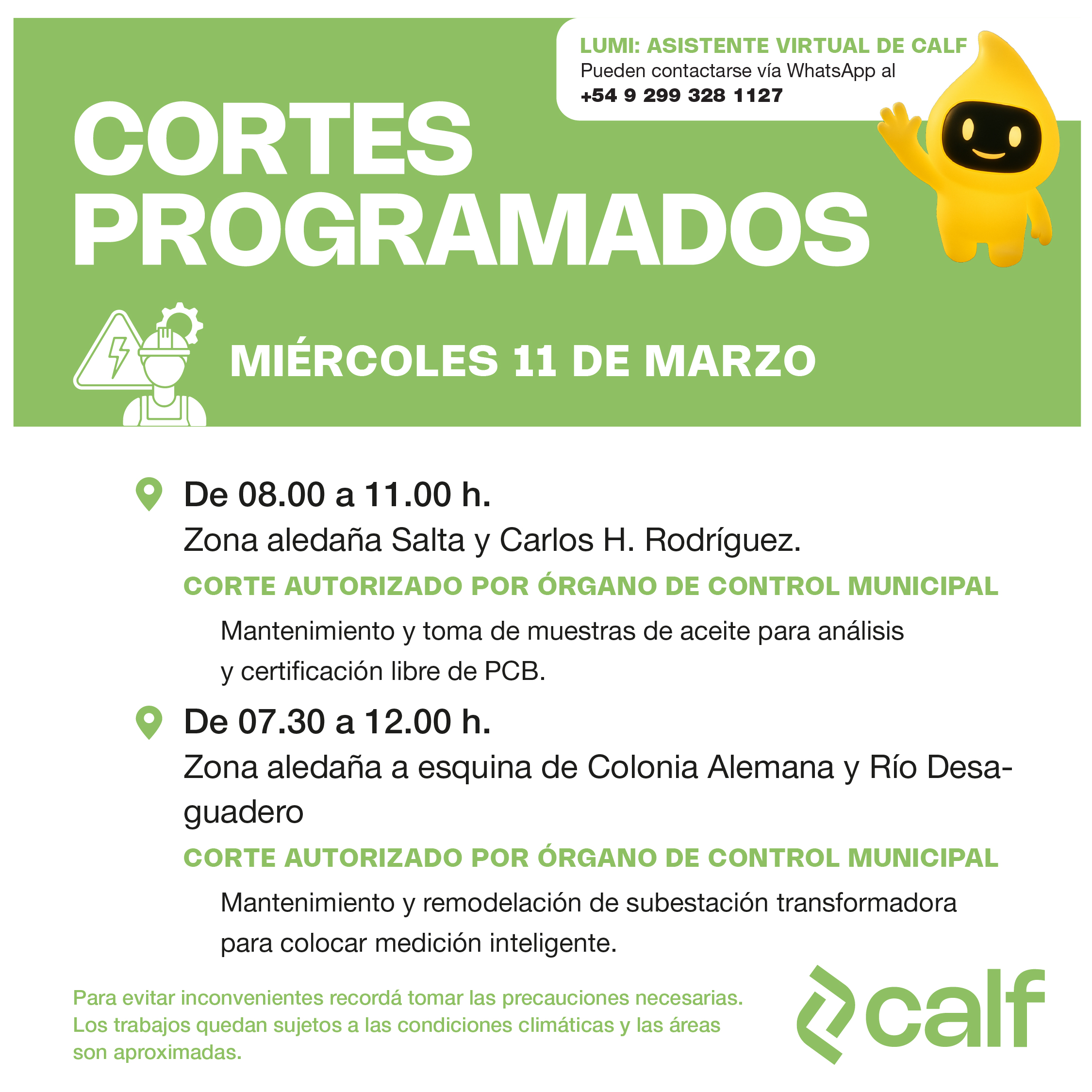 Lee más sobre el artículo Obras programadas para el miércoles 11-3