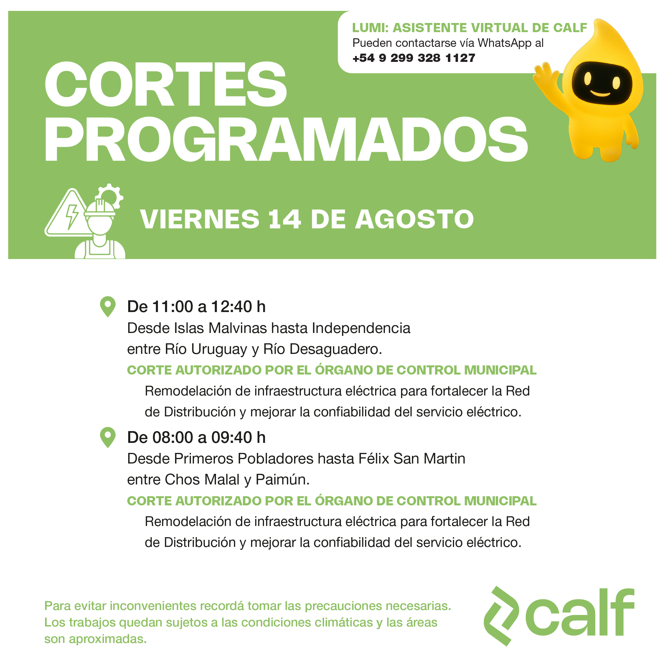 Lee más sobre el artículo Obras programadas para este viernes 14-8