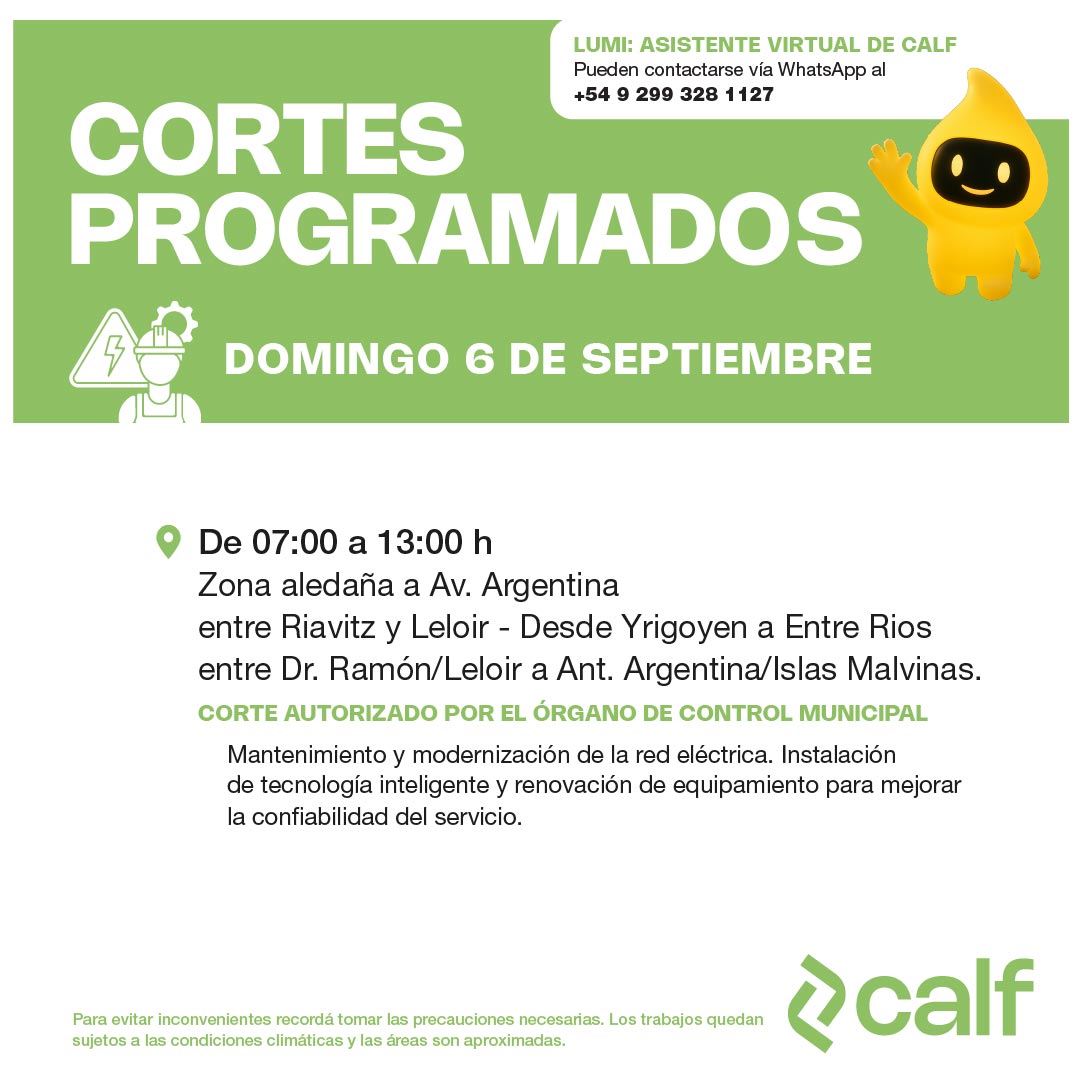 Lee más sobre el artículo Trabajos programados para este domingo 6-9