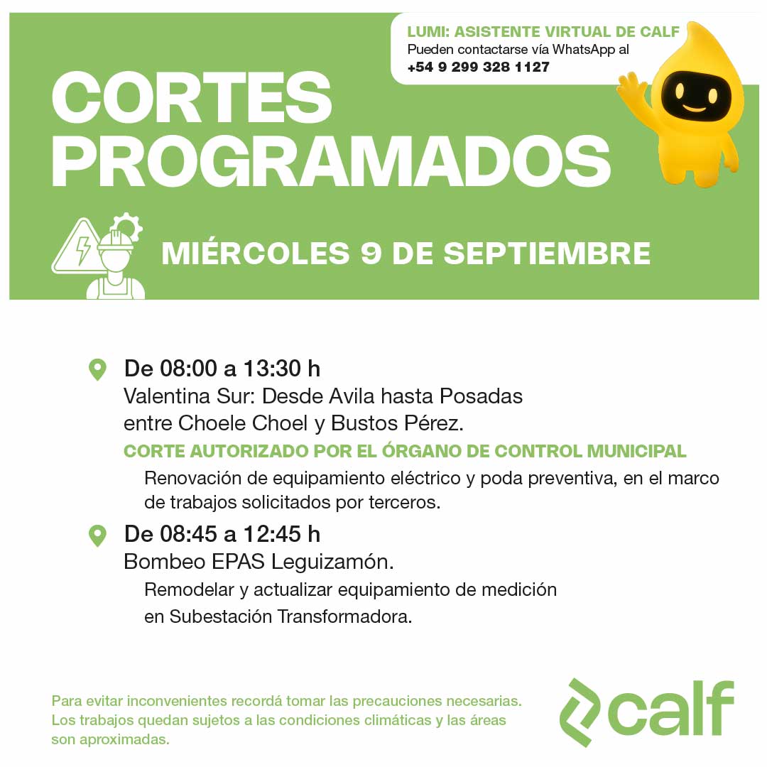 Lee más sobre el artículo Trabajos programados para este miércoles 9-09