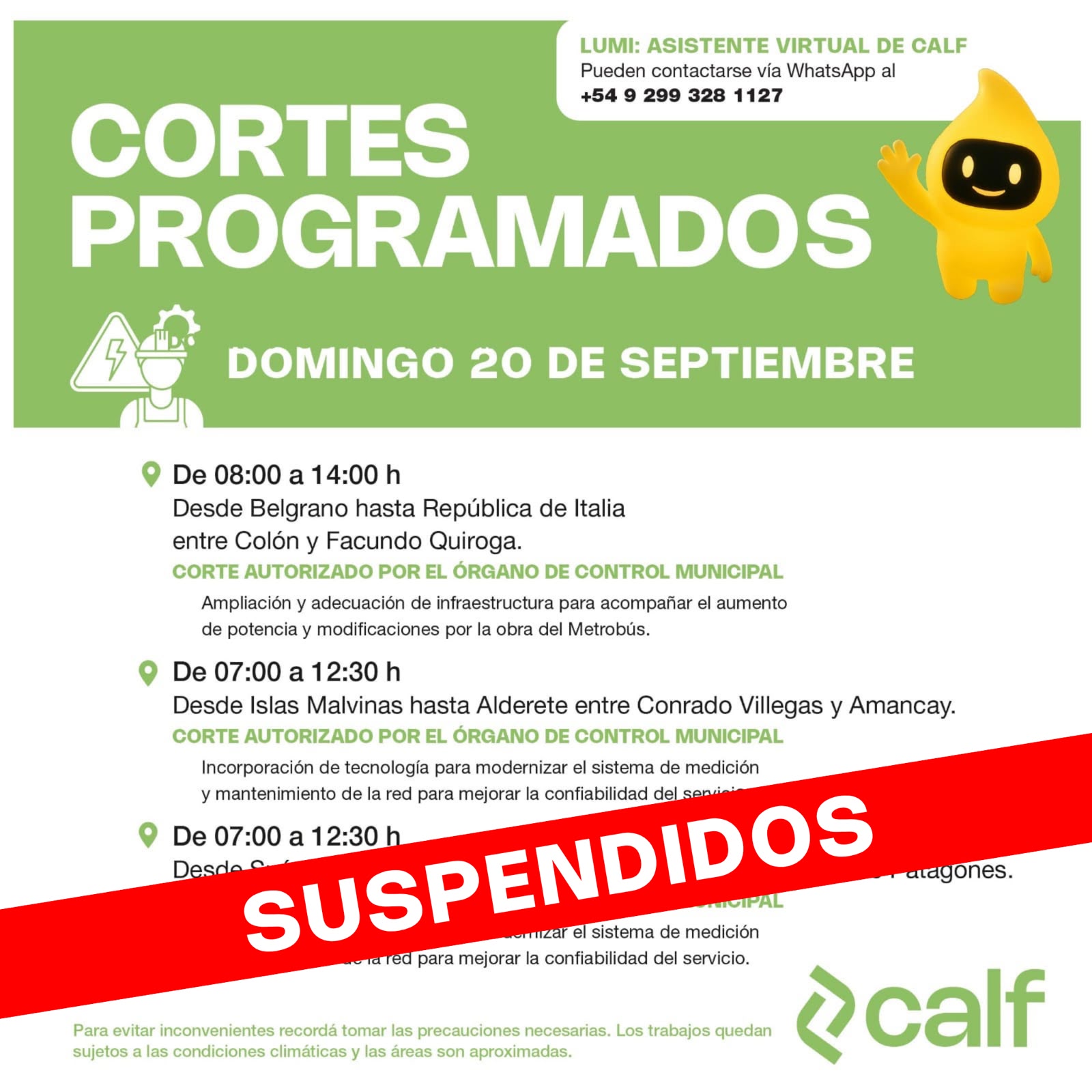 Lee más sobre el artículo SUSPENDIDOS LOS CORTES PROGRAMADOS DE MAÑANA DOMINGO 20-9