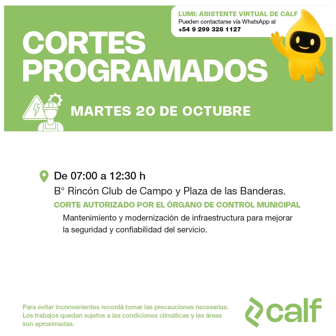 Lee más sobre el artículo Cortes programados para el 20-10
