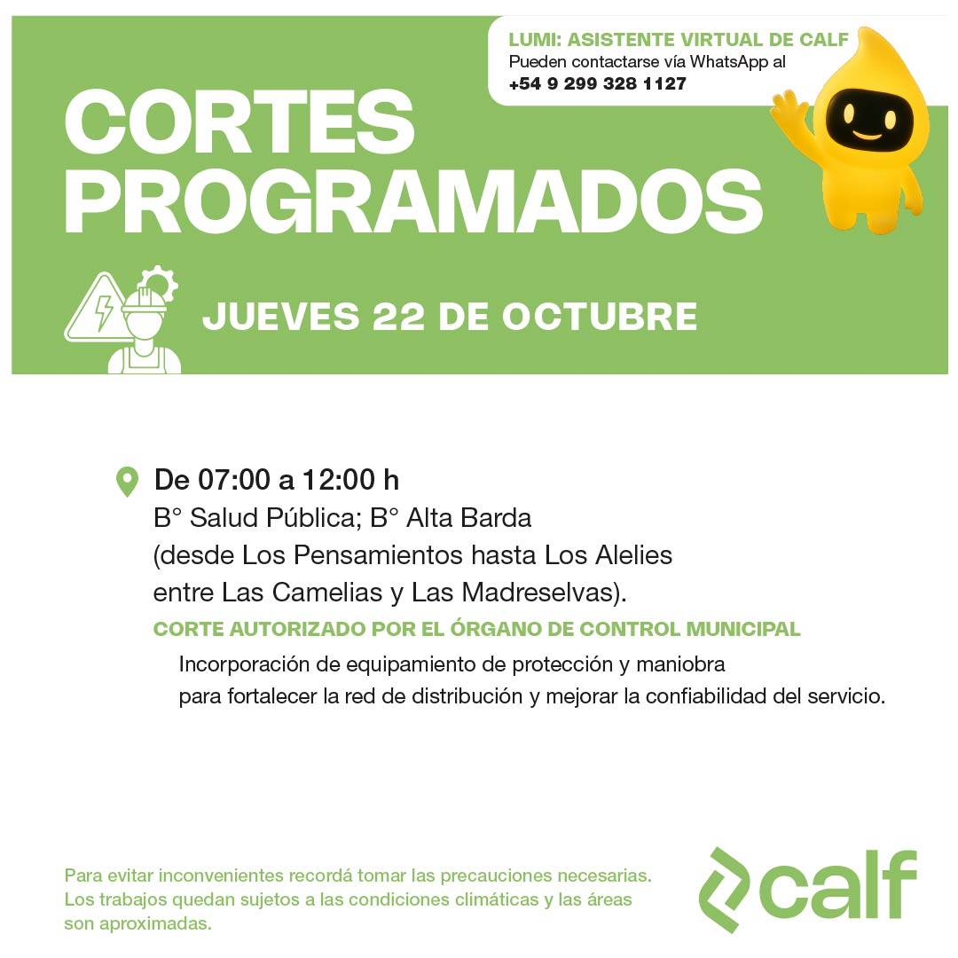 Lee más sobre el artículo Cortes programados para el 22-10